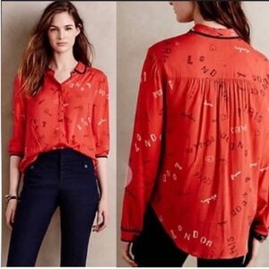 Anthropologie Maeve Red, Navy Trim London Milan & Paris Long-Sleeve Top 8 EUC